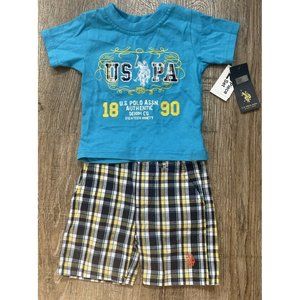 US Polo Boys Plaid Short Set Blue Yellow Sz 12 Months